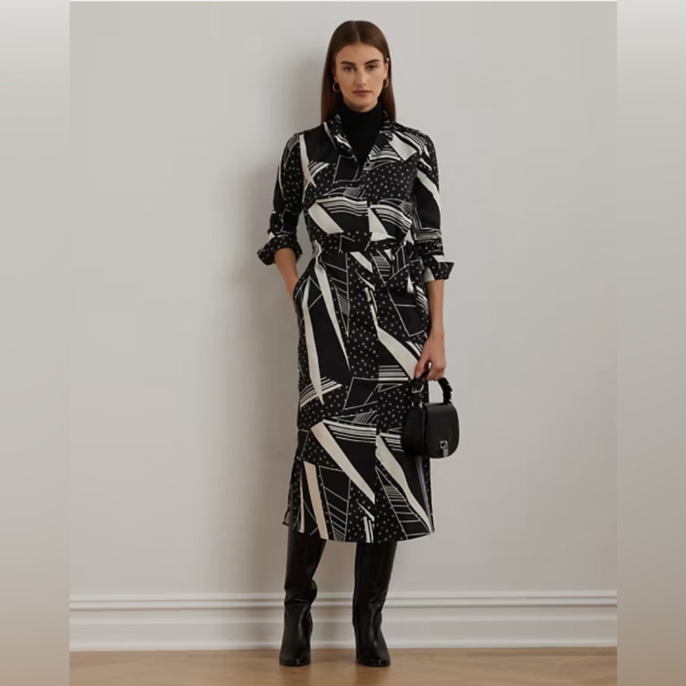 NWT Ralph Lauren Geo-Print Belted Sateen Silky Twill Shirtdress Black Cream 18